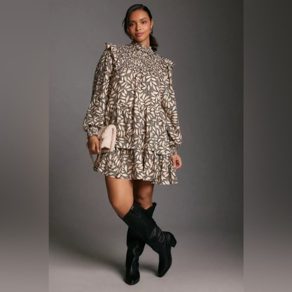 By Anthropologie Long-Sleeve Printed Smocked Mini Dress Size 3x